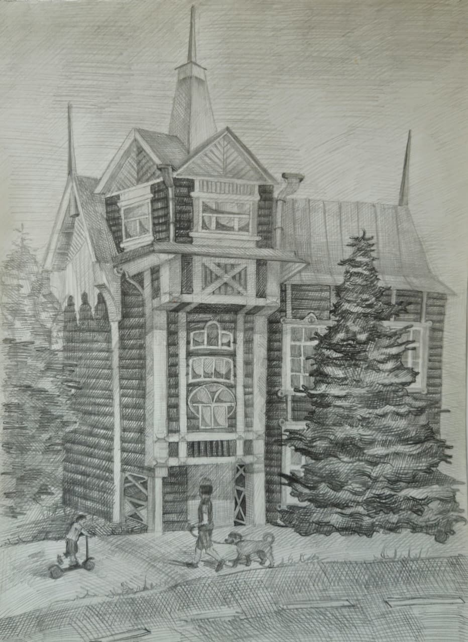 Радченко Алина. Зарисовка дома со шпилем (1-е место в старшей группе, номинация «Графика и альтернативная техника»)