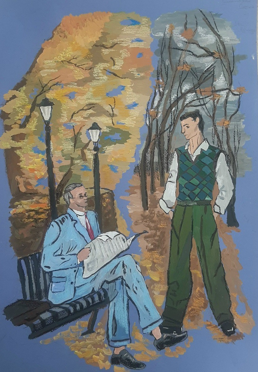 Симановская София. Два взгляда (иллюстрация к одноименному рассказу, 1-е место в старшей группе, номинация «Графика, компьютерная графика и альтернативная техника»)